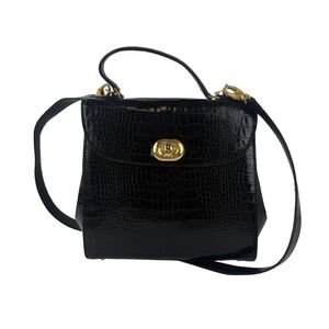 Bruno Magli Handbag Womens Black Croc Embossed Leather Top Handle Made Italy VTG